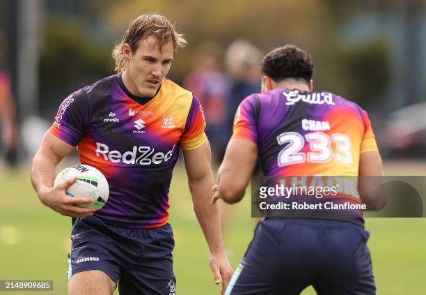 During a Melbourne Storm NRL training session at Gosch's Paddock on April 17, 2024 in Melbourne, Australia.