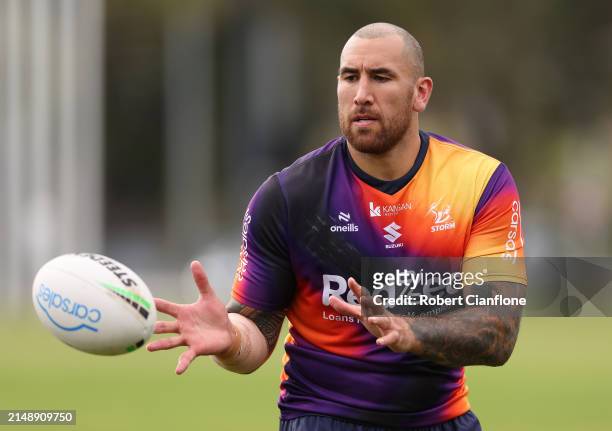 Nelson Asofa-Solomona of the Storm takes the ball during a Melbourne Storm NRL training session at Gosch's Paddock on April 17, 2024 in Melbourne,...