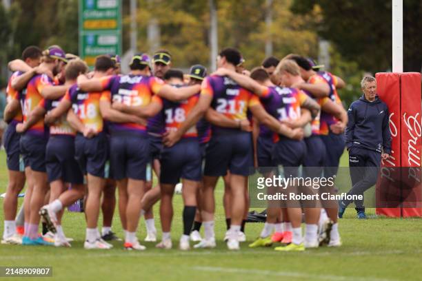 During a Melbourne Storm NRL training session at Gosch's Paddock on April 17, 2024 in Melbourne, Australia.