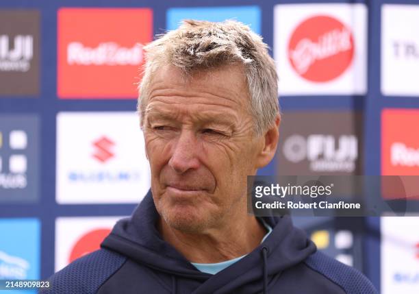 Craig Bellamy head coach of the Storm speaks to the media during a Melbourne Storm NRL training session at Gosch's Paddock on April 17, 2024 in...