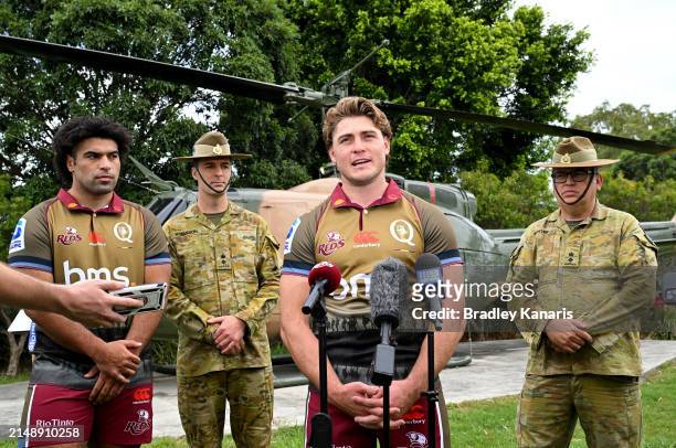 James O'Connor speaks during the unveiling of the Queensland Reds 2024 ANZAC jersey at Enoggera Barracks on April 17, 2024 in Brisbane, Australia.