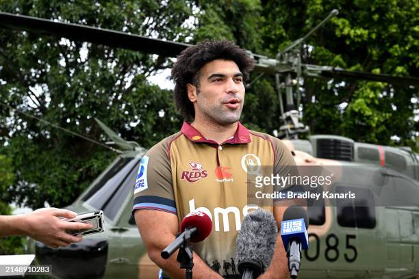 Zane Nonggorr speaks during the unveiling of the Queensland Reds 2024 ANZAC jersey at Enoggera Barracks on April 17, 2024 in Brisbane, Australia.