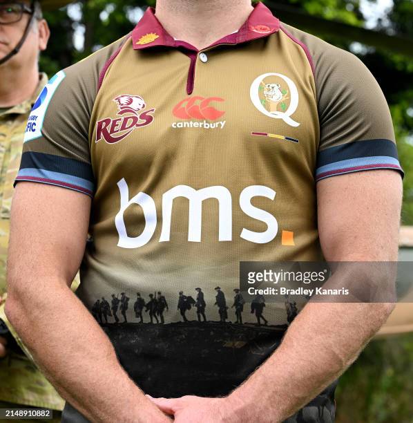 Close-up of the Queensland Reds 2024 ANZAC jersey is seen during the unveiling of the Queensland Reds 2024 ANZAC jersey at Enoggera Barracks on April...