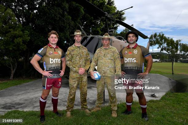 During the unveiling of the Queensland Reds 2024 ANZAC jersey at Enoggera Barracks on April 17, 2024 in Brisbane, Australia.
