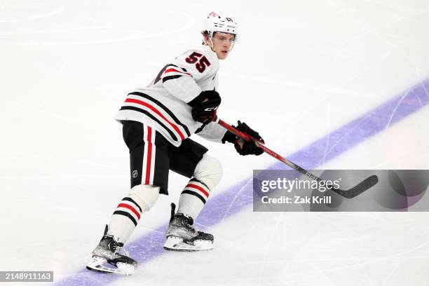 Kevin Korchinski of the Chicago Blackhawks skates during the second period against the Vegas Golden Knights at T-Mobile Arena on April 16, 2024 in...