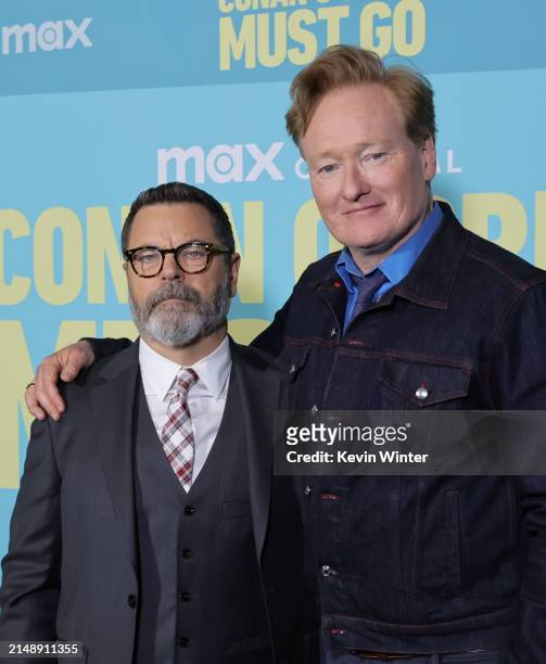 Nick Offerman and Conan O'Brien arrive at the Los Angeles Premiere of Max Original Travel Series "Conan O'Brien Must Go" at Avalon Hollywood & Bardot...