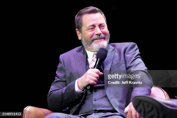 Nick Offerman speaks onstage during the Photo Call For Los Angeles premiere of "Conan O'Brien Must Go" at Avalon Hollywood & Bardot on April 16, 2024...
