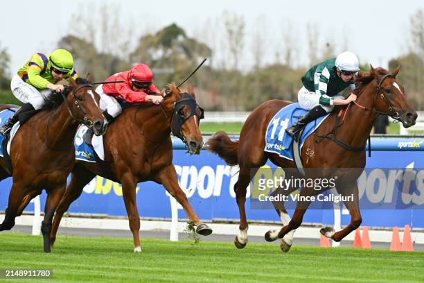 Michael Dee riding Rich Dottie defeats Damian Lane riding Blue Renegade and Miss Archibald in race 1, the Sportsbet Fast Form Handicap during...