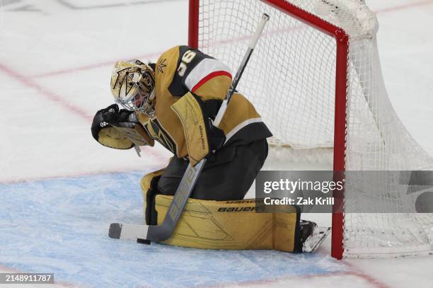 Logan Thompson of the Vegas Golden Knights tends net during the second period against the Chicago Blackhawks at T-Mobile Arena on April 16, 2024 in...