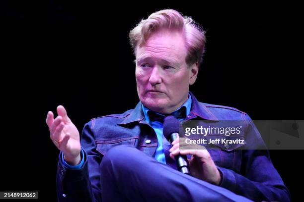 Conan O'Brien speaks onstage during the Photo Call For Los Angeles premiere of "Conan O'Brien Must Go" at Avalon Hollywood & Bardot on April 16, 2024...