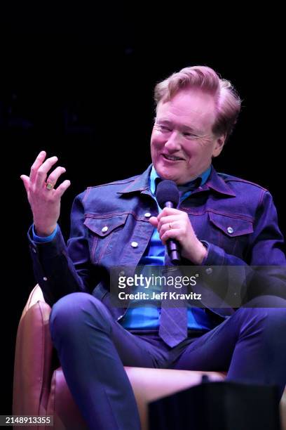 Conan O'Brien speaks onstage during the Photo Call For Los Angeles premiere of "Conan O'Brien Must Go" at Avalon Hollywood & Bardot on April 16, 2024...