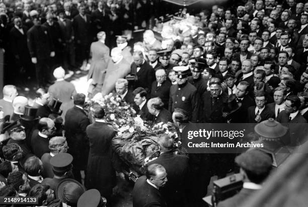 View as pallbearers bring out the casket of American Tammany Hall politician Timothy Sullivan at Saint Patricks Old Cathedral on Mulberry Street in...