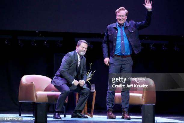 Nick Offerman and Conan O'Brien appear onstage during the Photo Call For Los Angeles premiere of "Conan O'Brien Must Go" at Avalon Hollywood & Bardot...