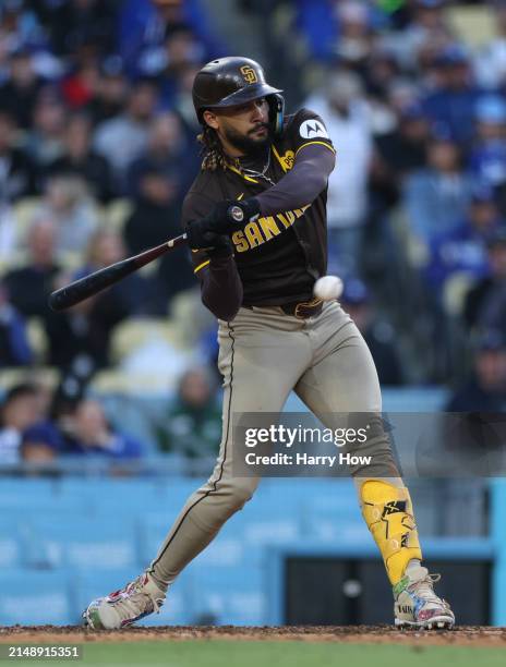 Fernando Tatis Jr. #23 of the San Diego Padres at bat during a 6-3 win over the Los Angeles Dodgers at Dodger Stadium on April 14, 2024 in Los...