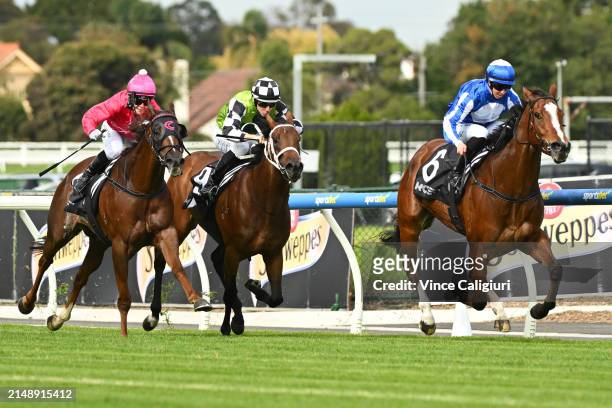 Carleen Hefel riding Here The Crowd winning Race 2, the Mrc Foundation Win A Mazda Cx-3 Pla during Melbourne Racing at Caulfield Heath Racecourse on...