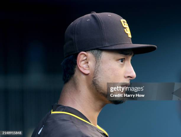 Yu Darvish of the San Diego Padres looks out from the dugout during a 6-3 win over the Los Angeles Dodgers at Dodger Stadium on April 14, 2024 in Los...