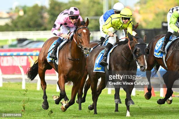 Ethan Brown riding Steel Run defeats Damian Lane riding Inexorable in Race 3, the Sportsbet Set A Deposit Limit Plate during Melbourne Racing at...