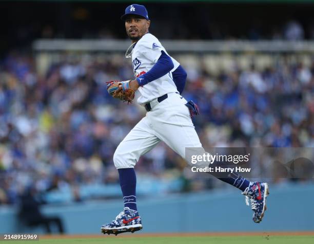Mookie Betts of the Los Angeles Dodgers reacts after the third out of the San Diego Padres during a 6-3 loss to the Padres at Dodger Stadium on April...
