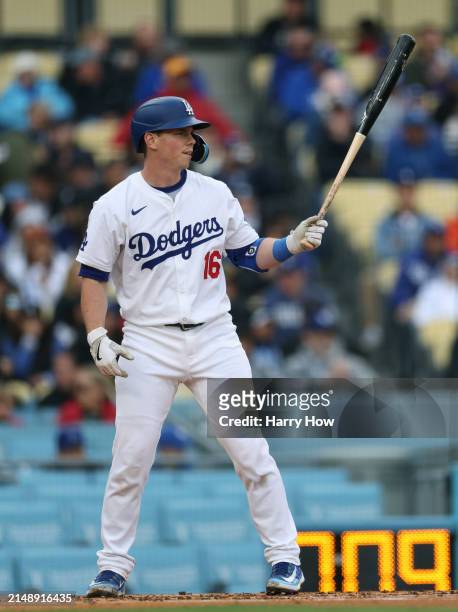 Will Smith of the Los Angeles Dodgers at bat during a 6-3 loss to the San Diego Padres at Dodger Stadium on April 14, 2024 in Los Angeles, California.