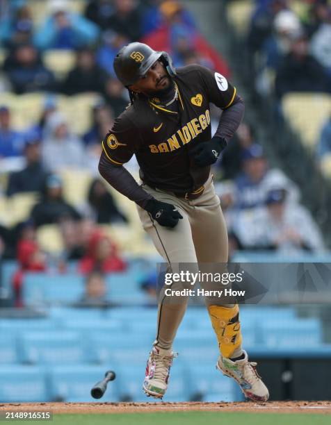 Fernando Tatis Jr. #23 of the San Diego Padres reacts at his at bat during a 6-3 win over the Los Angeles Dodgers at Dodger Stadium on April 14, 2024...