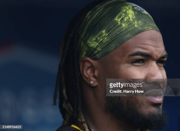 Eguy Rosario of the San Diego Padres in the dugout before the game against the Los Angeles Dodgers at Dodger Stadium on April 14, 2024 in Los...