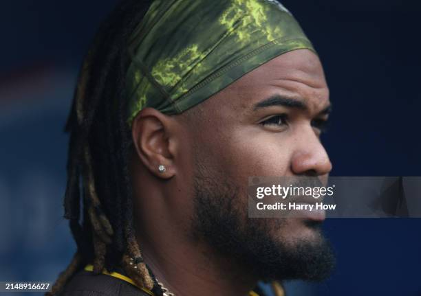 Eguy Rosario of the San Diego Padres in the dugout before the game against the Los Angeles Dodgers at Dodger Stadium on April 14, 2024 in Los...