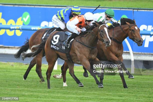 Beau Mertens riding Excess defeats Jewel Bay in Race 4, the Whisky, Wine & Fire Handicap, during Melbourne Racing at Caulfield Heath Racecourse on...