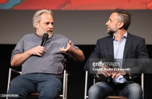 Executive Producer Dan Harmon and EP/Showrunner Scott Marder speak onstage at Adult Swim's 'Rick and Morty' FYC Event at Saban Media Center on April...
