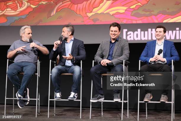 Executive Producer Dan Harmon, EP/Showrunner Scott Marder, Ian Cardoni and Harry Belden speak onstage at Adult Swim's 'Rick and Morty' FYC Event at...