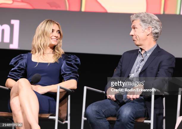 Spencer Grammer and Chris Parnell speak onstage at Adult Swim's 'Rick and Morty' FYC Event at Saban Media Center on April 16, 2024 in North...