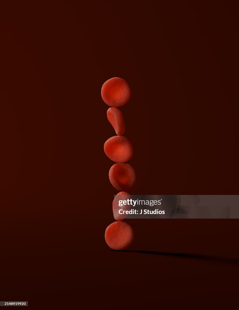 Six red blood cells stacked on top of eachother