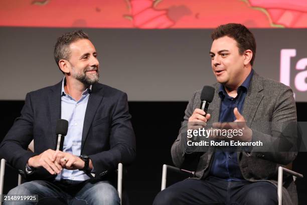 Showrunner Scott Marder and Ian Cardoni speak onstage at Adult Swim's 'Rick and Morty' FYC Event at Saban Media Center on April 16, 2024 in North...