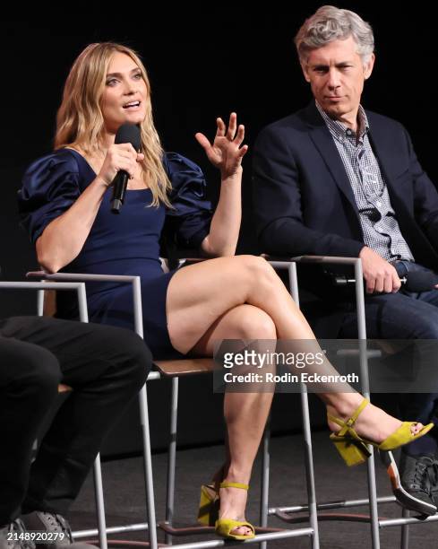 Spencer Grammer and Chris Parnell speak onstage at Adult Swim's 'Rick and Morty' FYC Event at Saban Media Center on April 16, 2024 in North...