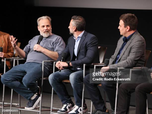 Executive Producer Dan Harmon, EP/Showrunner Scott Marder, and Ian Cardoni speak onstage at Adult Swim's 'Rick and Morty' FYC Event at Saban Media...