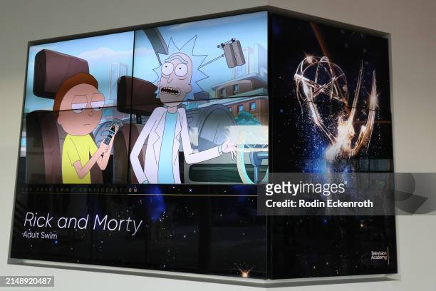 View of screen showing a still from "Rick and Morty" at Adult Swim's 'Rick and Morty' FYC Event at Saban Media Center on April 16, 2024 in North...
