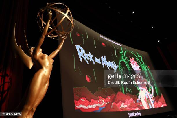 View of Emmy statue and screen showing "Rick and Morty" illustration at Adult Swim's 'Rick and Morty' FYC Event at Saban Media Center on April 16,...