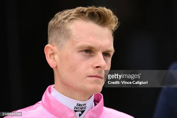 Ethan Brown after riding Steel Run to win Race 3, the Sportsbet Set A Deposit Limit Plate during Melbourne Racing at Caulfield Heath Racecourse on...