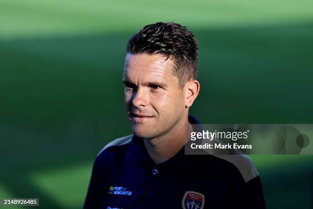 Jets Coach Ryan Campbell looks on during a Newcastle Jets A-League Women media opportunity at Maitland Sportsground on April 17, 2024 in Newcastle,...
