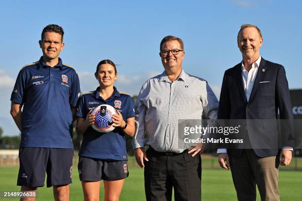 Jets Coach Ryan Campbell, captain Cassidy Davis, Maitland Mayor Philip Penfold and Jets CEO Shane Mattiske pose during a Newcastle Jets A-League...