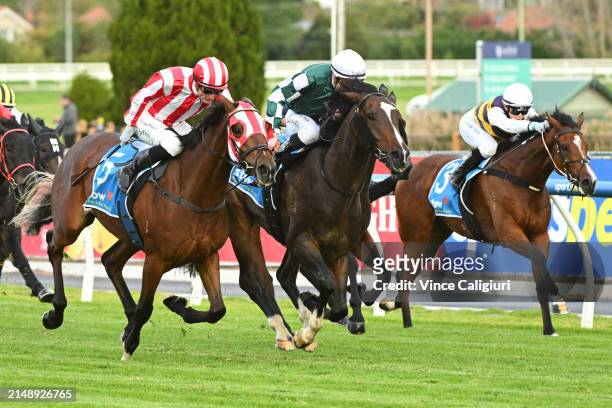 Blake Shinn riding Chihuly defeats Mark Zahra riding Aztec State in Race 7, the Stow Storage Solutions Handicap during Melbourne Racing at Caulfield...