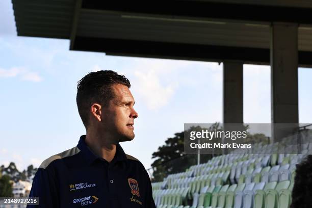 Jets Coach Ryan Campbell looks on during a Newcastle Jets A-League Women media opportunity at Maitland Sportsground on April 17, 2024 in Newcastle,...