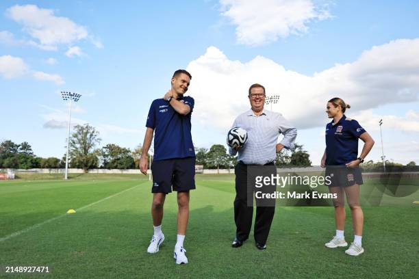Jets coach Ryan Campbell looks on with Maitland Mayor Philip Penfold and Jets Captain Cassidy Davis during a Newcastle Jets A-League Women media...