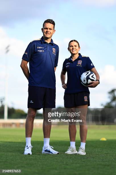 Jets coach Ryan Campbell poses with captain Cassidy Davis during a Newcastle Jets A-League Women media opportunity at Maitland Sportsground on April...