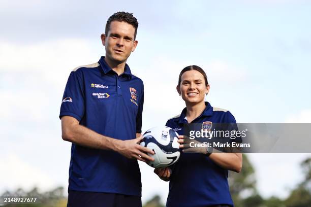 Jets coach Ryan Campbell poses with captain Cassidy Davis during a Newcastle Jets A-League Women media opportunity at Maitland Sportsground on April...