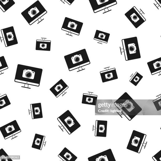 desktop computer with camera. seamless pattern. icons on white background - photo shoot vector stock illustrations