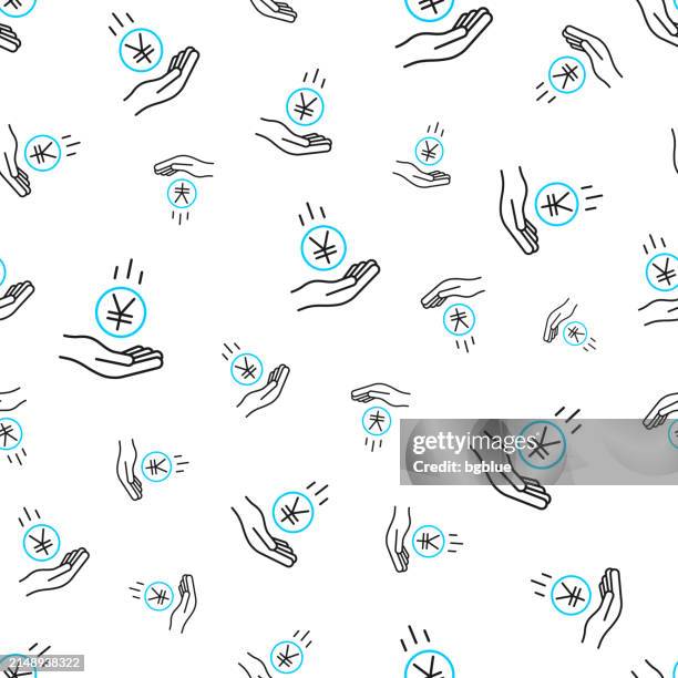 yen coin falling in hand. seamless pattern. line icons on white background - duplicate payment stock illustrations