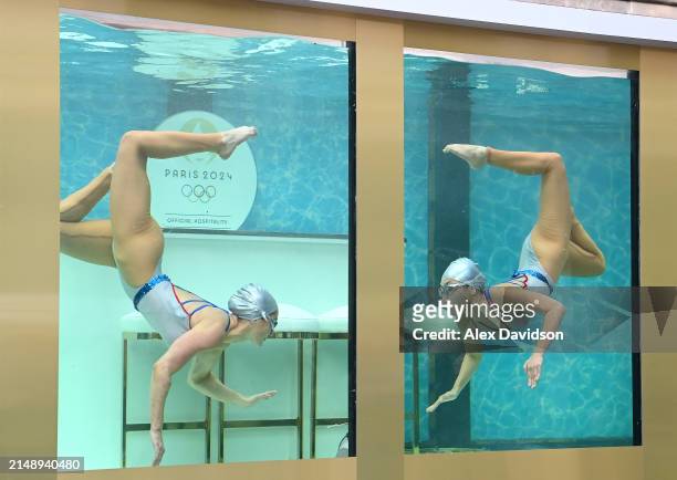 Synchronized swimmers are seen performing a routine as Dame Laura Kenny attends the synchronized swimming event by On Location celebrating 100 days...
