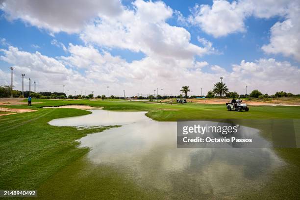 View of the flooded area on the course is seen prior to the Abu Dhabi Challenge at Al Ain Equestrian, Shooting and Golf Club on April 17, 2024 in Abu...