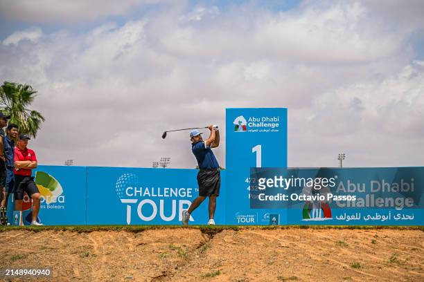 Al Emadi of UAE, plays a shot on the 1st tee prior to the Abu Dhabi Challenge at Al Ain Equestrian, Shooting and Golf Club on April 17, 2024 in Abu...