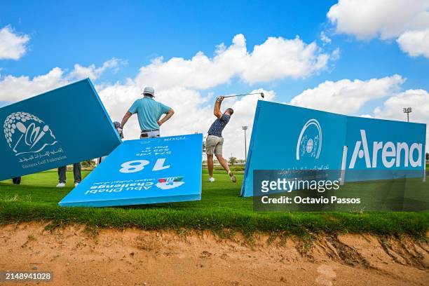 Haydn Barron of Australia plays a shot on the 18th hole prior to the Abu Dhabi Challenge at Al Ain Equestrian, Shooting and Golf Club on April 17,...